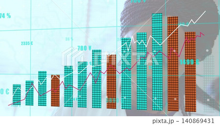 Displaying finance chart on office screen, teal orange bars, white magenta lines, woman in blazer 140869431
