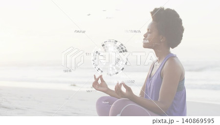 Meditating woman wearing purple top and leggings on beach, projecting holographic data, copy space Meditating woman wearing purple top and leggings on beach, projecting holographic data, copy space 140869595