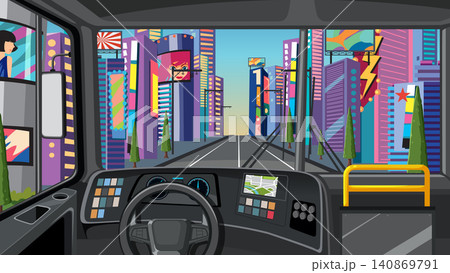 Vector Illustration of a Bus Cockpit Driving Through a Vibrant Metropolis Vector Illustration of a Bus Cockpit Driving Through a Vibrant Metropolis 140869791