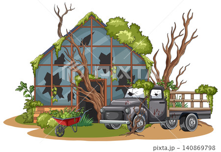Abandoned Greenhouse and Rusty Truck Overgrown by Nature 140869798