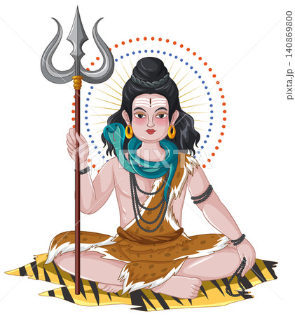 Vector Illustration of Hindu Deity Shiva Sitting with Trident and Snake 140869800
