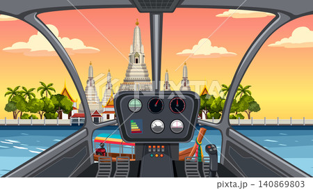 Helicopter Cockpit View of Buddhist Temple and River at Sunset Helicopter Cockpit View of Buddhist Temple and River at Sunset 140869803