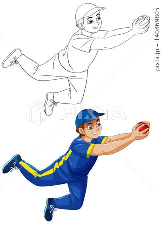 Young Cricket Player Diving to Catch Ball in Vector Illustration Young Cricket Player Diving to Catch Ball in Vector Illustration 140869805