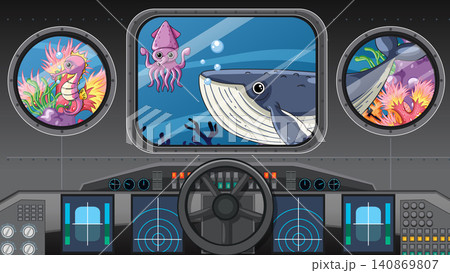 Submarine Cockpit View of Whale and Sea Creatures Through Portholes 140869807