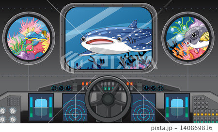 Submarine Cockpit View of Whale Shark and Coral Reef Life 140869816