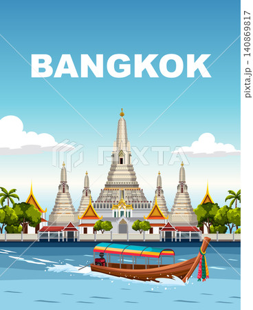 Bangkok Travel Poster with Wat Arun Temple and Long-tail Boat Bangkok Travel Poster with Wat Arun Temple and Long-tail Boat 140869817