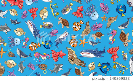 Seamless Pattern of Colorful Cartoon Ocean Animals and Sea Creatures 140869828