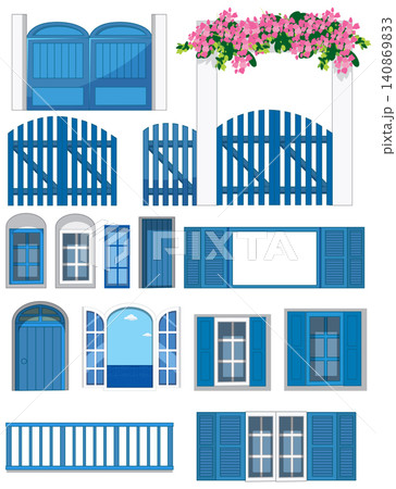 Mediterranean Style Blue Doors Windows and Gates Vector Illustration Set 140869833