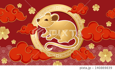 Golden Rat Chinese Zodiac Illustration with Red Clouds and Flowers Golden Rat Chinese Zodiac Illustration with Red Clouds and Flowers 140869839