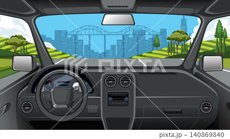 POV car interior illustration driving on road toward city skyline and bridge POV car interior illustration driving on road toward city skyline and bridge 140869840