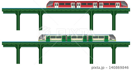 Modern Commuter Trains Traveling on Elevated Railway Tracks Vector Illustration Modern Commuter Trains Traveling on Elevated Railway Tracks Vector Illustration 140869846
