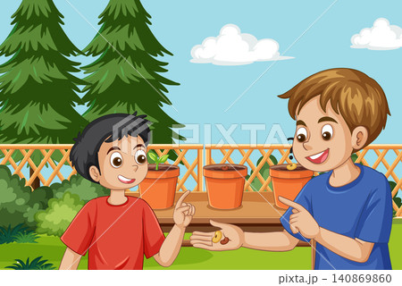 Two Young Boys Learning About Plant Growth and Science in a Garden 140869860