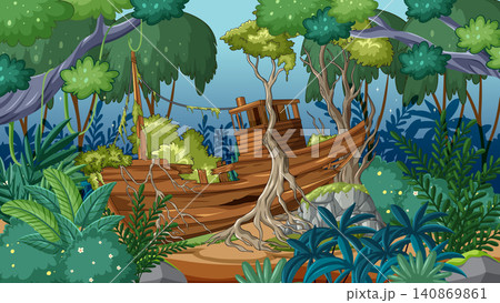 Abandoned Wooden Shipwreck Overgrown in Dense Jungle 140869861