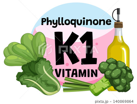 Vitamin K1 Sources with Leafy Greens and Olive Oil Illustration 140869864