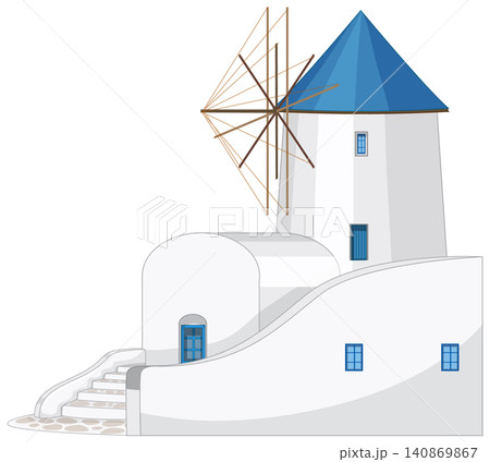 Traditional Mediterranean White Windmill Illustration with Blue Roof and Stairs Traditional Mediterranean White Windmill Illustration with Blue Roof and Stairs 140869867