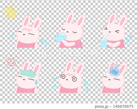 A set of illustrations of rabbits taking precautions against heatstroke. A set of illustrations of rabbits taking precautions against heatstroke. 140870075