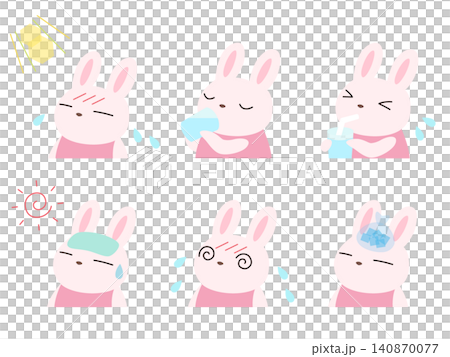 A set of illustrations of rabbits taking precautions against heatstroke (no outlines). A set of illustrations of rabbits taking precautions against heatstroke (no outlines). 140870077