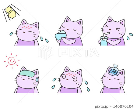 熱中症対策をするネコのイラストセット 熱中症対策をするネコのイラストセット 140870104