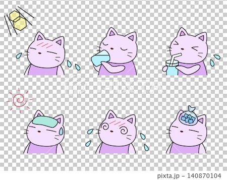 熱中症対策をするネコのイラストセット 熱中症対策をするネコのイラストセット 140870104