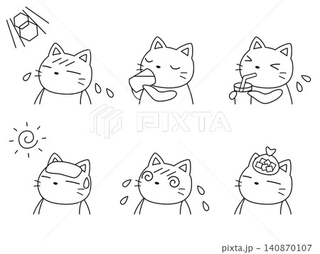 熱中症対策をするネコのイラストセット 線画 熱中症対策をするネコのイラストセット 線画 140870107