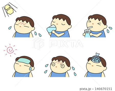 熱中症対策をする男の子のイラストセット 熱中症対策をする男の子のイラストセット 140870151