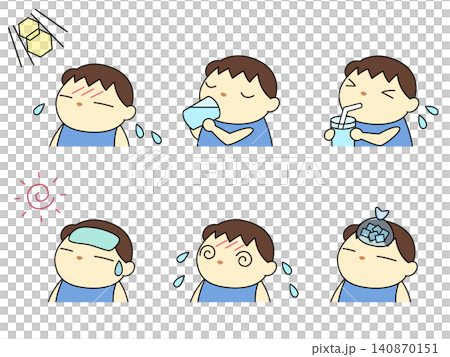熱中症対策をする男の子のイラストセット 熱中症対策をする男の子のイラストセット 140870151