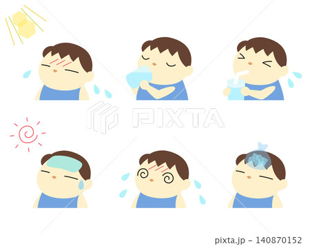 熱中症対策をする男の子のイラストセット 主線なし 熱中症対策をする男の子のイラストセット 主線なし 140870152
