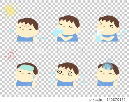 熱中症対策をする男の子のイラストセット 主線なし 熱中症対策をする男の子のイラストセット 主線なし 140870152