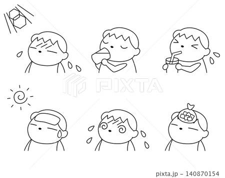 熱中症対策をする男の子のイラストセット 線画 熱中症対策をする男の子のイラストセット 線画 140870154