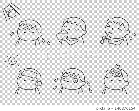 熱中症対策をする男の子のイラストセット 線画 熱中症対策をする男の子のイラストセット 線画 140870154