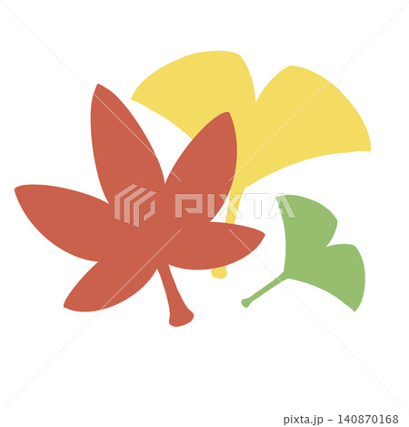 赤い紅葉と黄色・黄緑のイチョウの葉 シンプルな植物素材 140870168