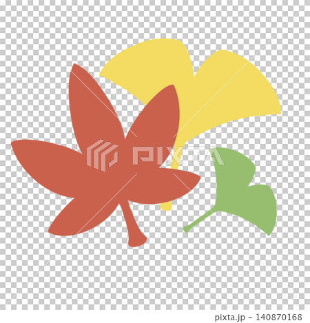 赤い紅葉と黄色・黄緑のイチョウの葉 シンプルな植物素材 140870168