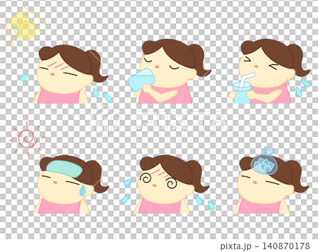 A set of illustrations of girls taking precautions against heatstroke. A set of illustrations of girls taking precautions against heatstroke. 140870178