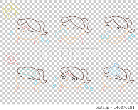 A set of illustrations of a girl taking precautions against heatstroke (color line art). A set of illustrations of a girl taking precautions against heatstroke (color line art). 140870181