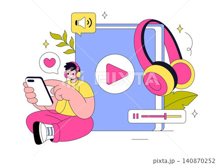 Audio Book Illustration Featuring Digital Audiobook Streaming, Mobile Learning, Online Listening, E Learning, Voice Narration, and Audio Library 140870252