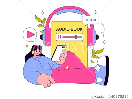 Audio Book Illustration Featuring Digital Audiobook Streaming, Mobile Learning, Online Listening, E Learning, Voice Narration, and Audio Library 140870253