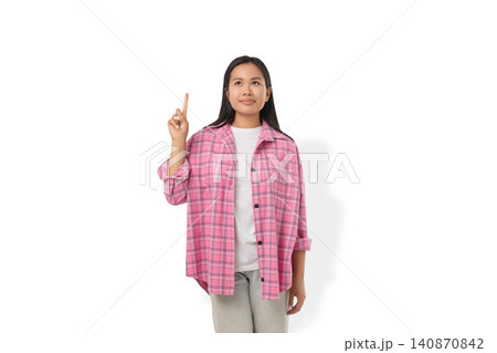 Woman shows a gesture with hand while wearing flannel, PNG Woman shows a gesture with hand while wearing flannel, PNG 140870842