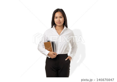 Person holds notebooks and looks at the camera, PNG Person holds notebooks and looks at the camera, PNG 140870847