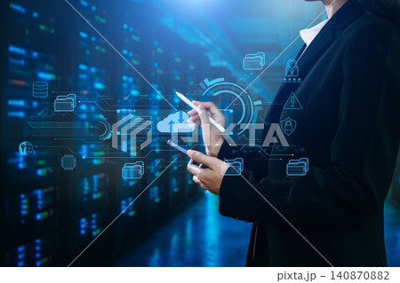 Business professional using smartphone for cloud data management with cybersecurity, encryption, secure access and enterprise network infrastructure Business professional using smartphone for cloud data management with cybersecurity, encryption, secure access and enterprise network infrastructure 140870882