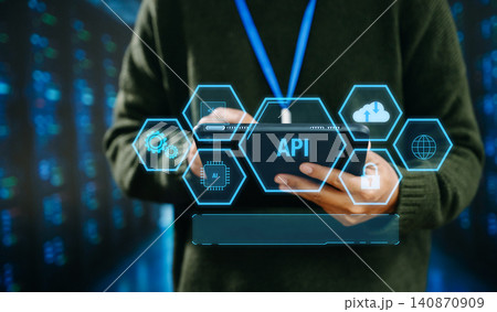 API Application Programming Interface, woman using laptop, tablet and smartphone with virtual screen API icon Software development tool, modern technology and networking concept. API Application Programming Interface, woman using laptop, tablet and smartphone with virtual screen API icon Software development tool, modern technology and networking concept. 140870909