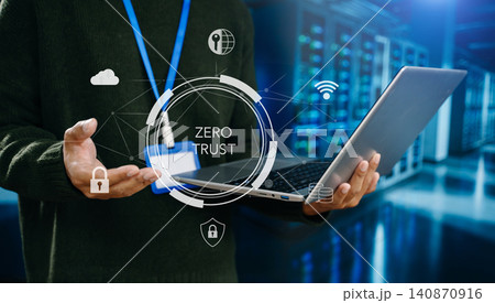 Zero Trust security concept with identity authentication, access control, and data protection, featuring cybersecurity systems, cloud infrastructure, and secure digital networks. Zero Trust security concept with identity authentication, access control, and data protection, featuring cybersecurity systems, cloud infrastructure, and secure digital networks. 140870916