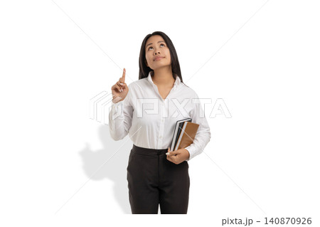 Woman points up, holding a notebook and folder, PNG Woman points up, holding a notebook and folder, PNG 140870926