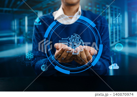 Artificial intelligence automation and cloud computing concept with digital interface, data processing, cybersecurity and smart enterprise technology innovation. Artificial intelligence automation and cloud computing concept with digital interface, data processing, cybersecurity and smart enterprise technology innovation. 140870974