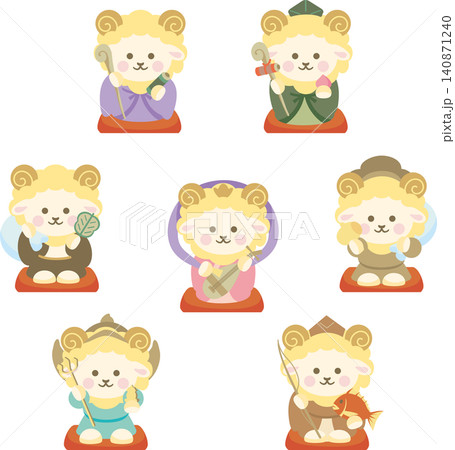 年賀2027 年賀状素材 未年 ひつじ 七福神 正月 縁起物 かわいい イラスト素材 年賀2027 年賀状素材 未年 ひつじ 七福神 正月 縁起物 かわいい イラスト素材 140871240