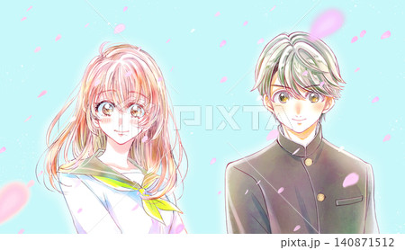 セーラー服の女子学生と学ランの男子学生 笑顔 桜吹雪 セーラー服の女子学生と学ランの男子学生 笑顔 桜吹雪 140871512