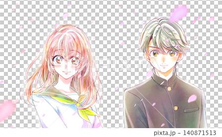 A female student in a sailor uniform and a male student in a school uniform, smiling, a flurry of cherry blossoms. 140871513
