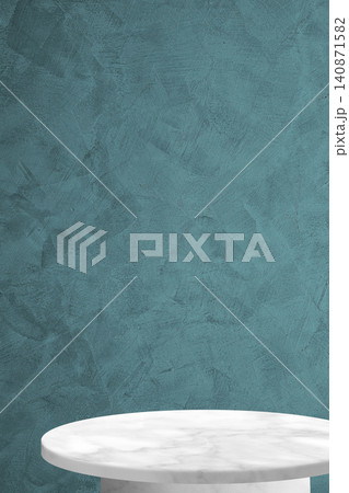 Minimalist Marble Round Display Podium on Textured Teal Concrete Wall, Elegant Luxury Background for Modern Commercial Product Advertising and Cosmetic Showcase. 140871582