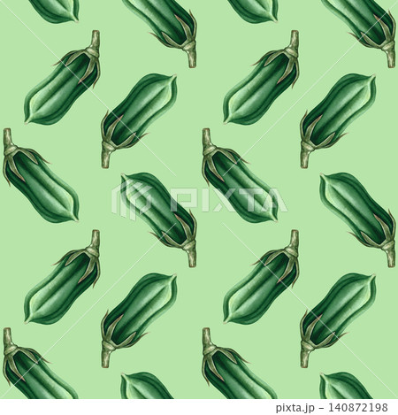 Seamless pattern with green sesame pods. Hand-drawn watercolor illustration. On a green background. Perfect for kitchen decor, textiles, and wallpaper, product labels, wrapping paper, menus, and more. Seamless pattern with green sesame pods. Hand-drawn watercolor illustration. On a green background. Perfect for kitchen decor, textiles, and wallpaper, product labels, wrapping paper, menus, and more. 140872198