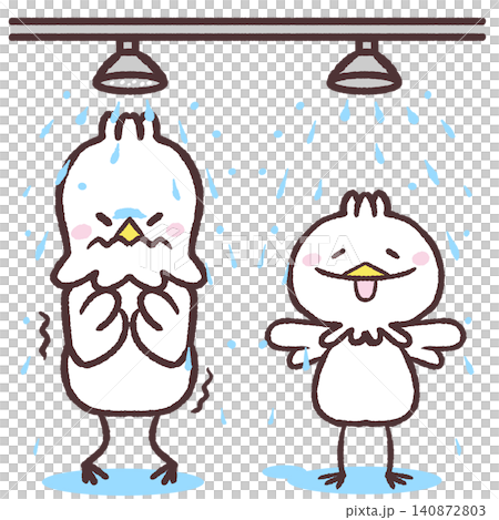 An illustration of a white bird taking a shower in a swimming pool. An illustration of a white bird taking a shower in a swimming pool. 140872803