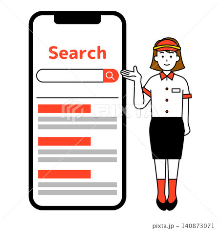 大きいスマホの画面で検索を案内するファストフード店の女性店員 大きいスマホの画面で検索を案内するファストフード店の女性店員 140873071